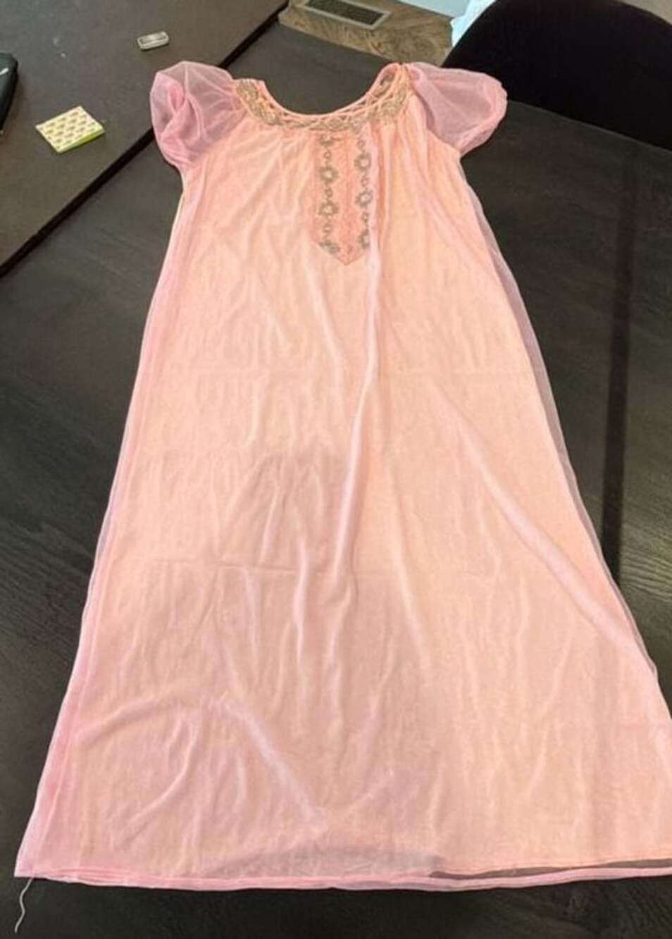 Vintage Pale Pink Nylon Sheer Mesh Maxi Nightgown with Embroidered Lace Trim M